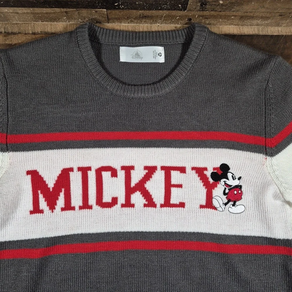 Disney Mickey Mouse Sweater Mens Medium Gray Varsity Block Embroidered Park